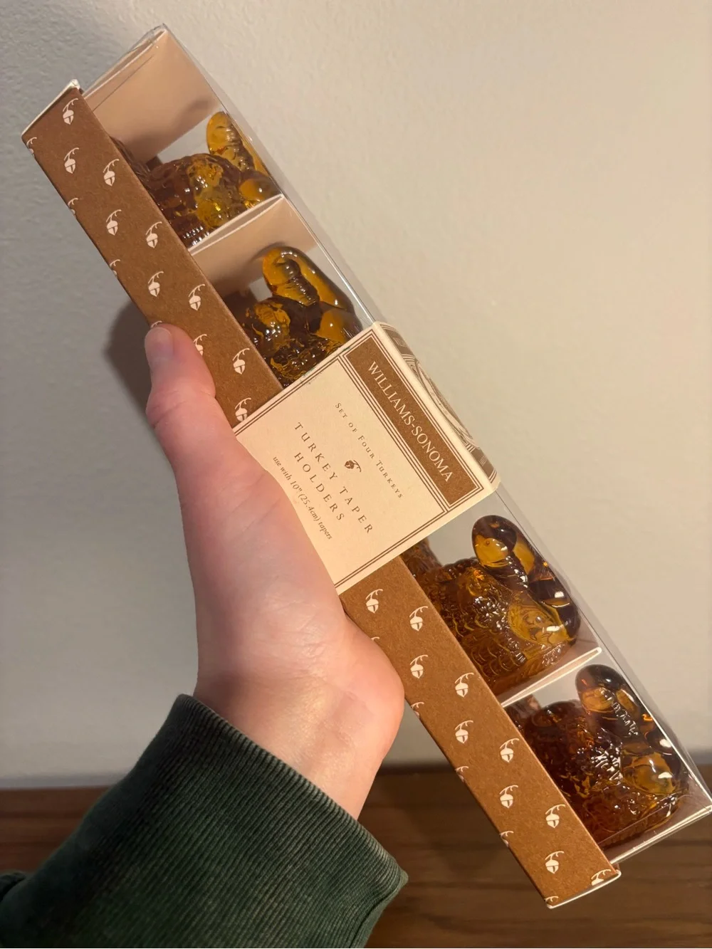 Williams Sonoma Amber Glass Turkey Tiny Taper Candle Holders Set of 4 AUTUMN